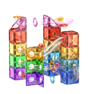 Jeu de Construction Magnétique Montessori 155 Pièces – Circuit à Billes & Tuiles Colorées